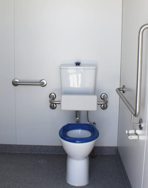 Accessible toilet facility showing compliant layout with grab rails and clear floor space