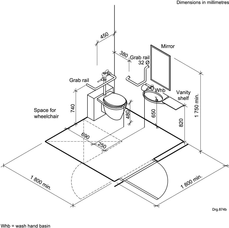 Technical drawings and planning documents for accessible toilet layout design