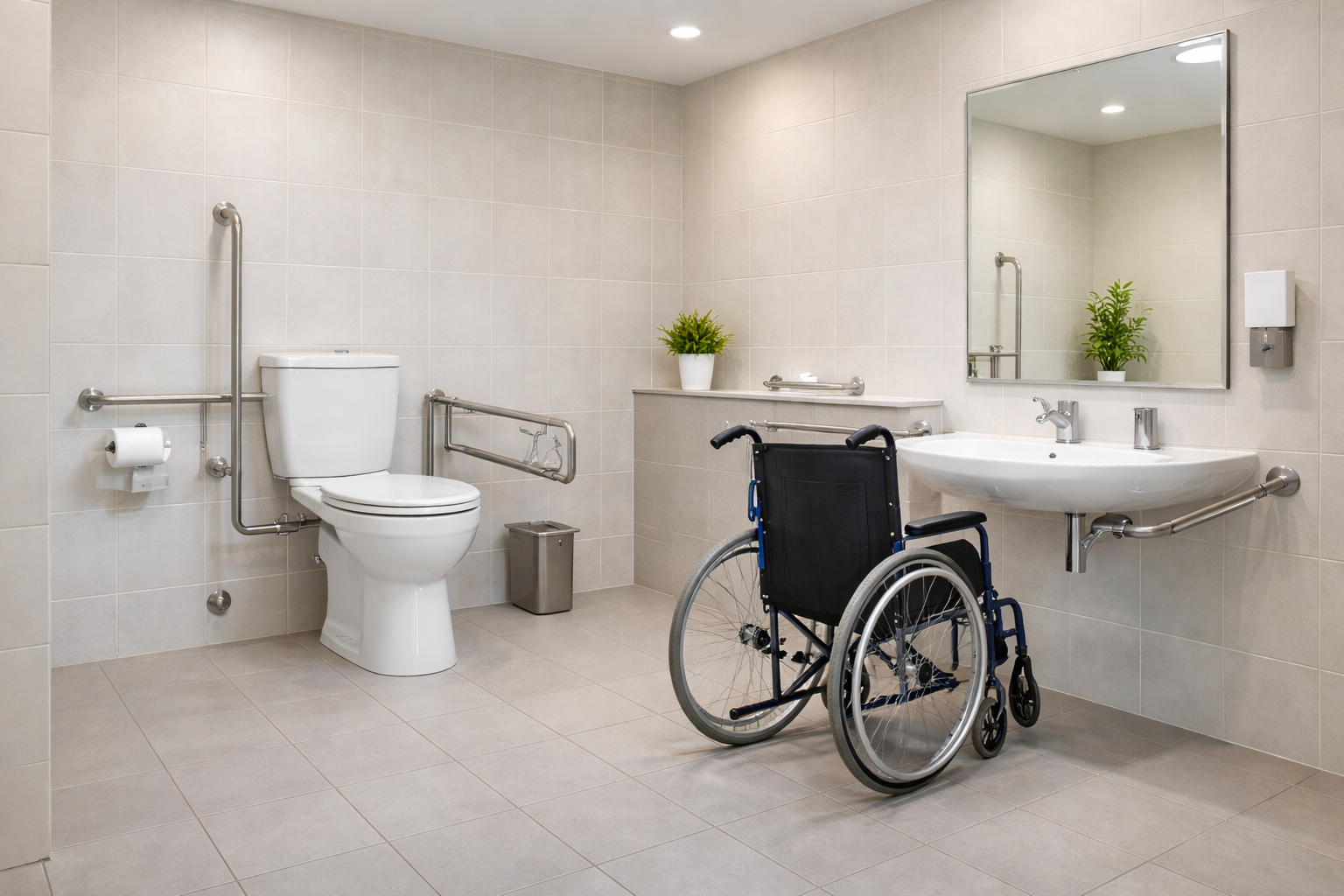 Accessible bathroom facility with grab rails and wide clearances