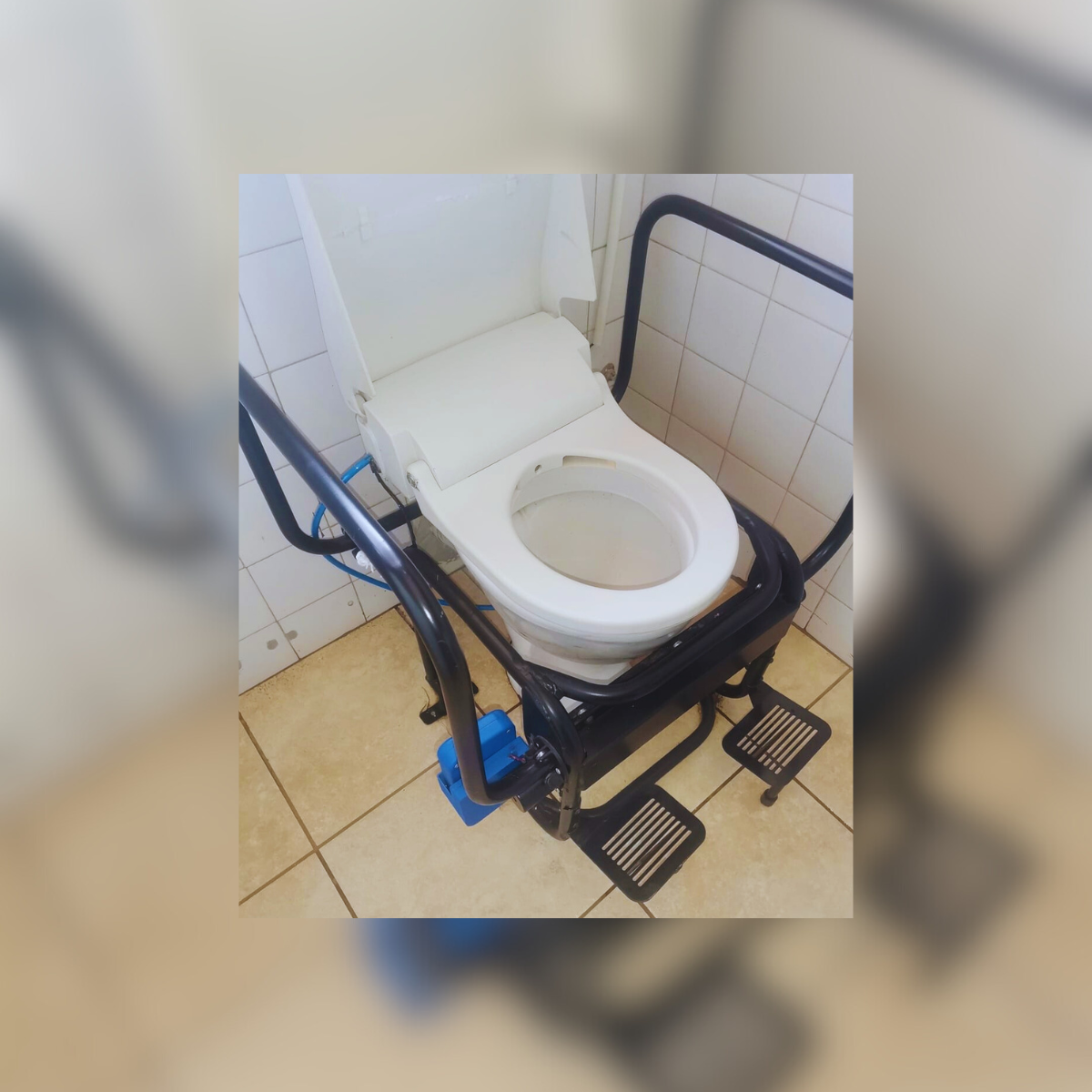 Accessible toilet fitting showing raised seat and flush control