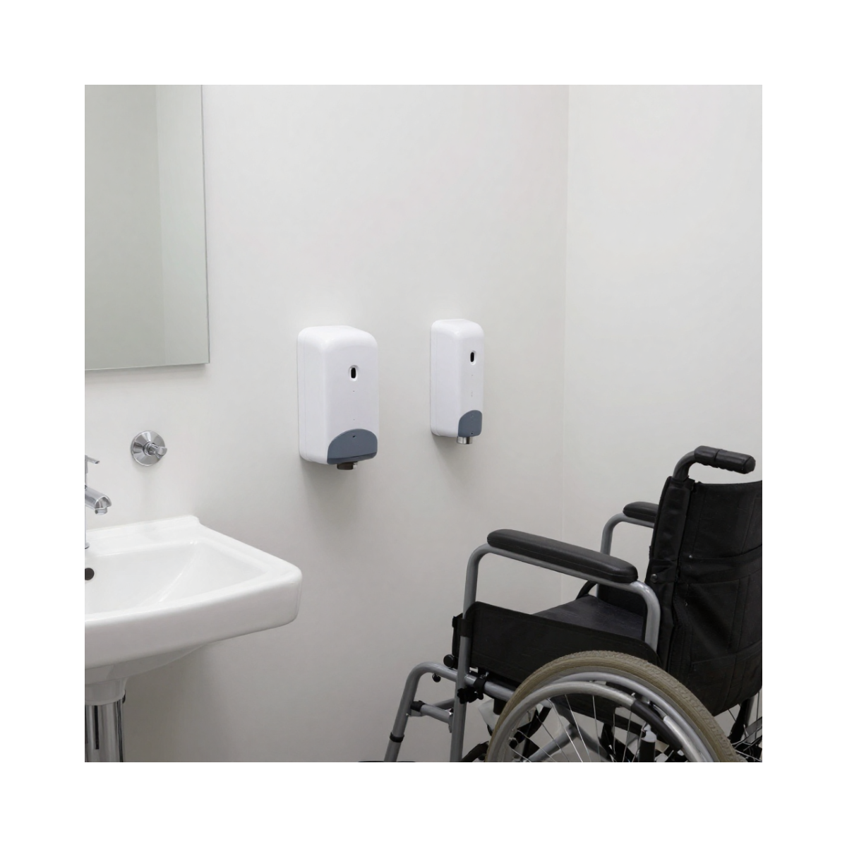Bathroom safety assistive fixtures including soap dispenser and mirror