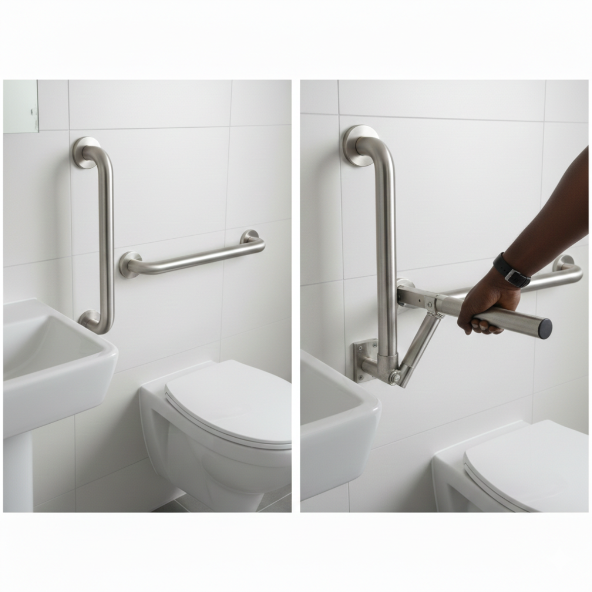 Foldable grab rail installed beside accessible toilet showing correct positioning