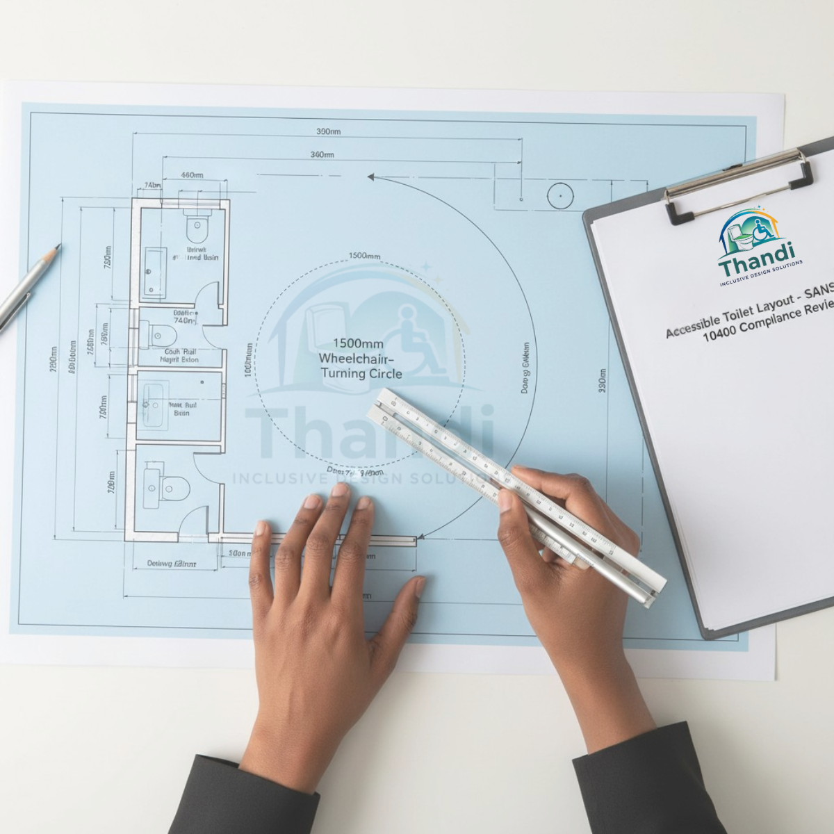 Technical floor plan drawing of an accessible toilet layout