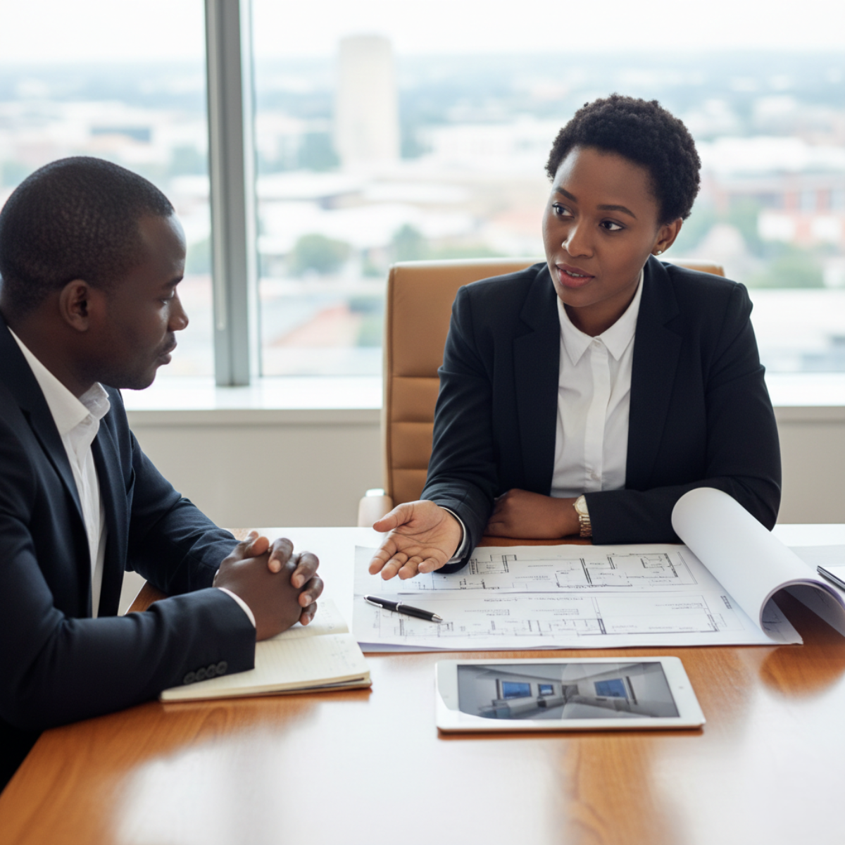 Consultant reviewing compliance documentation with client